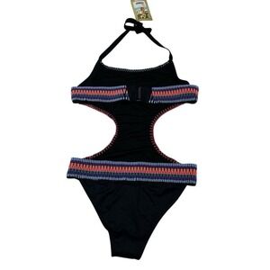 Mapale Swimsuit Monokini Black Rainbow Striped‎ Bands Cutout Size L Resort Beach